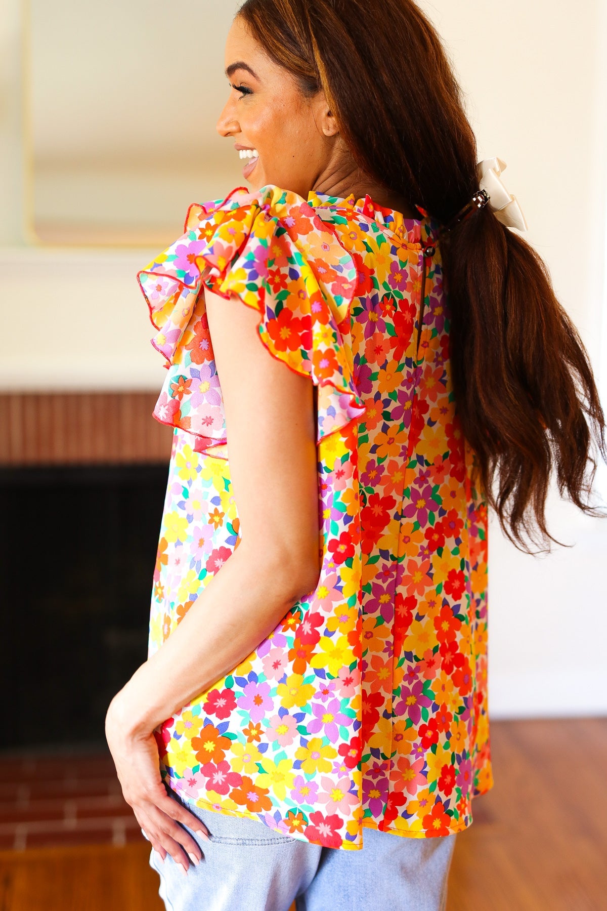 Haptics Flower Power Ivory & Red Floral Mock Neck Flutter Sleeve Top Final Sale