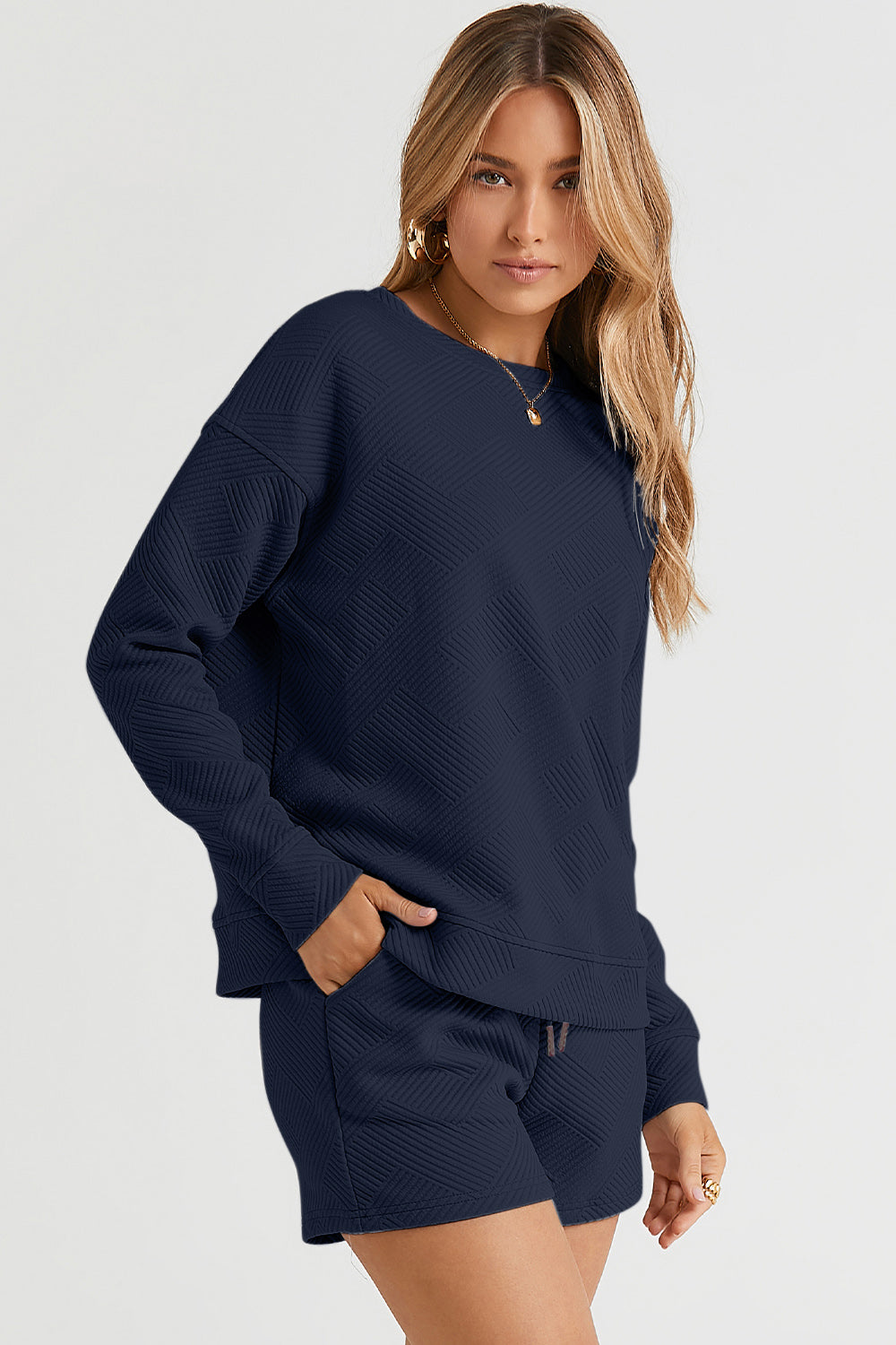 Double Take Quilted Textured Long Sleeve Top and Drawstring Shorts Set in Five Colors Navy Sets
