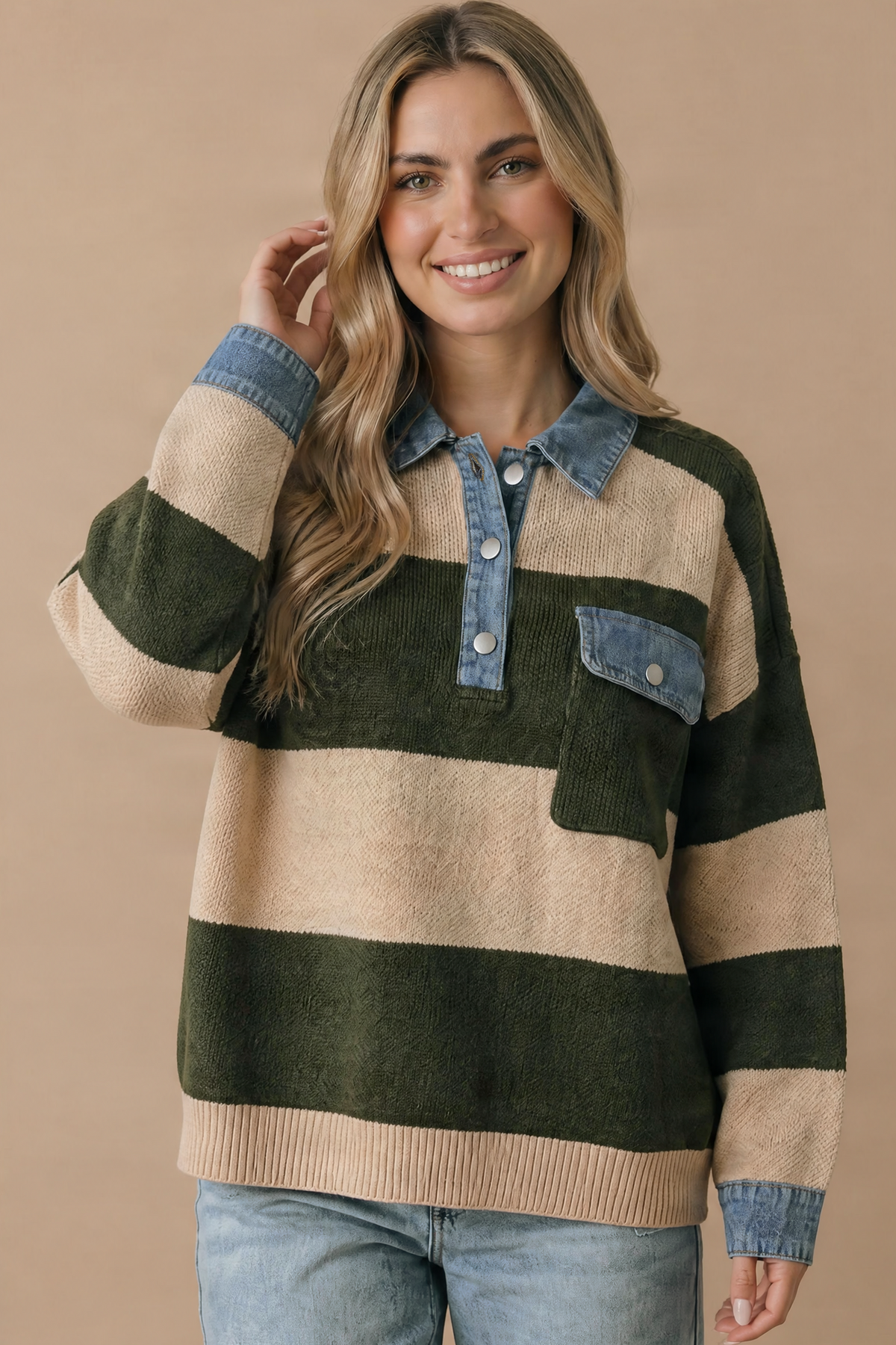 Haptics Olive Grove Striped Denim Collar Sweater Sweaters