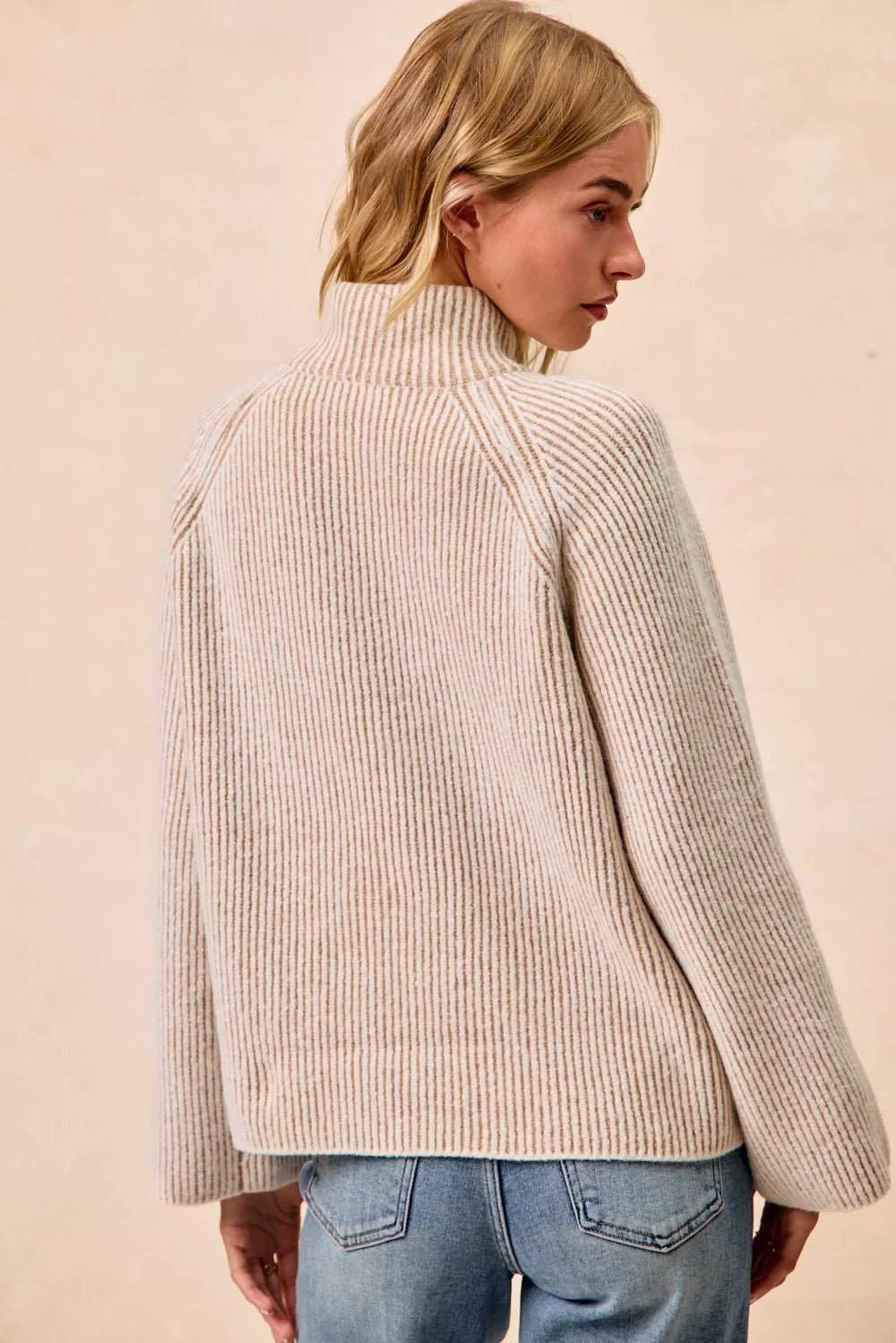 BiBi Taupe Two Tone Rib Texured Knit Collared Top with Zip Up