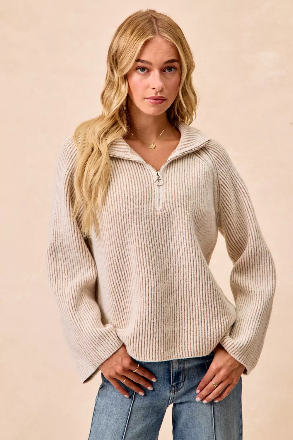 BiBi Taupe Two Tone Rib Texured Knit Collared Top with Zip Up TAUPE