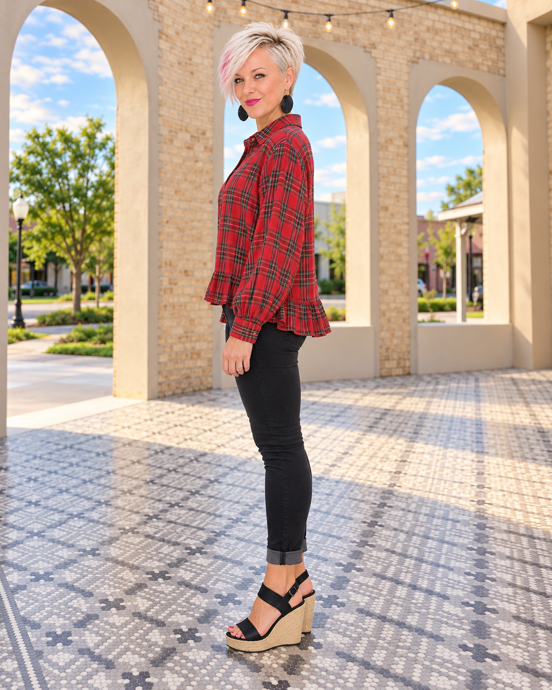 Haptics Ruffle the Rules Plaid Flannel Top in Red Tops