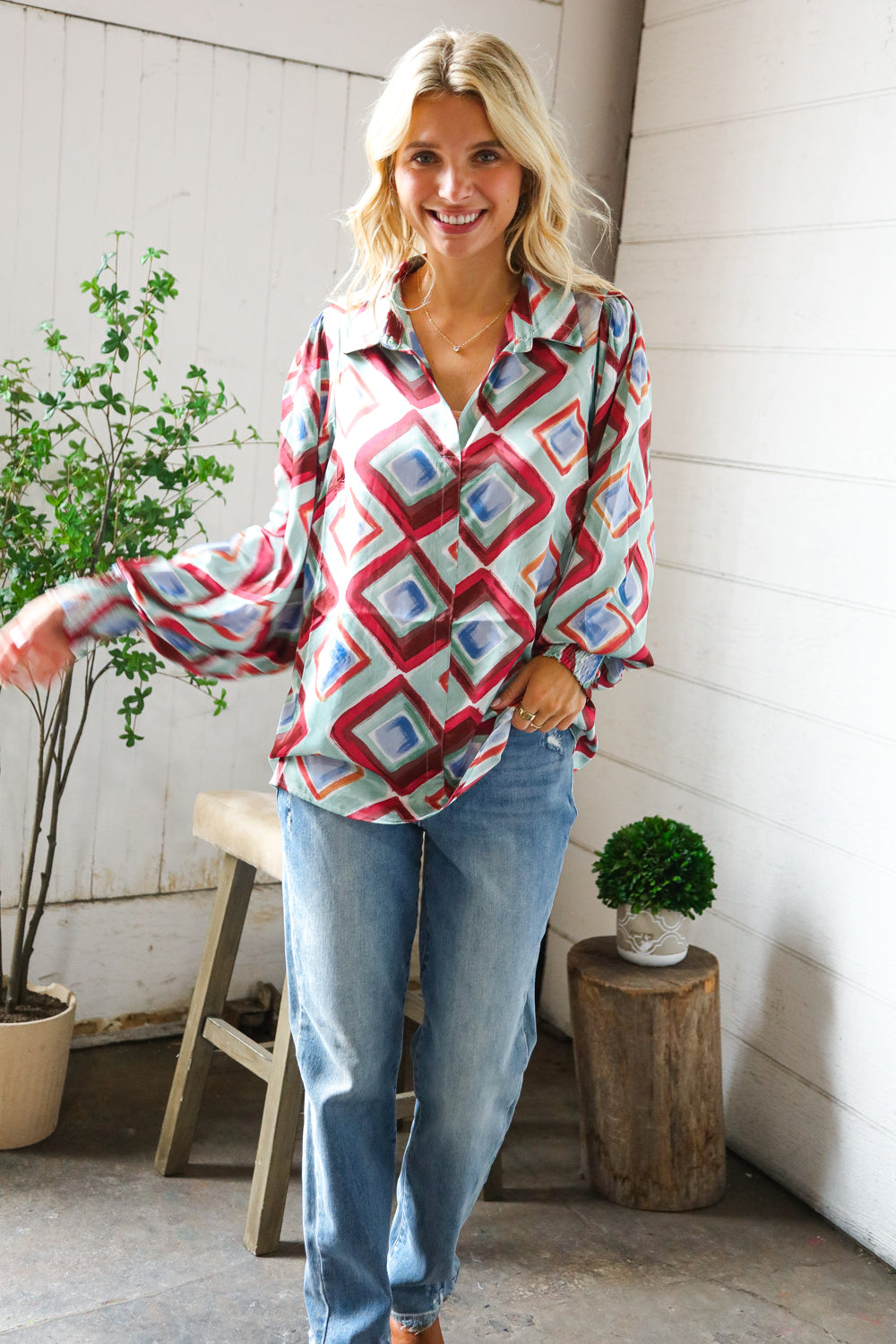 First Love Geometric V Neck Blouse Sale