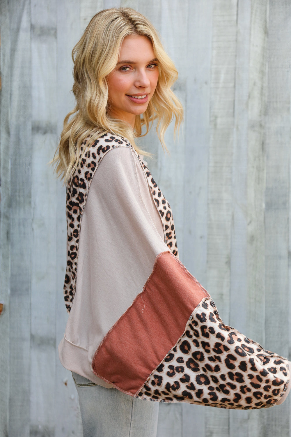 Haptics Leopard Print Colorblock & Out-seam Overlock Stitching Long Sleeve Top