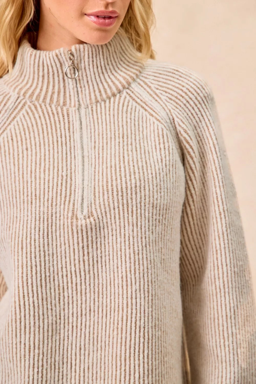 BiBi Taupe Two Tone Rib Texured Knit Collared Top with Zip Up
