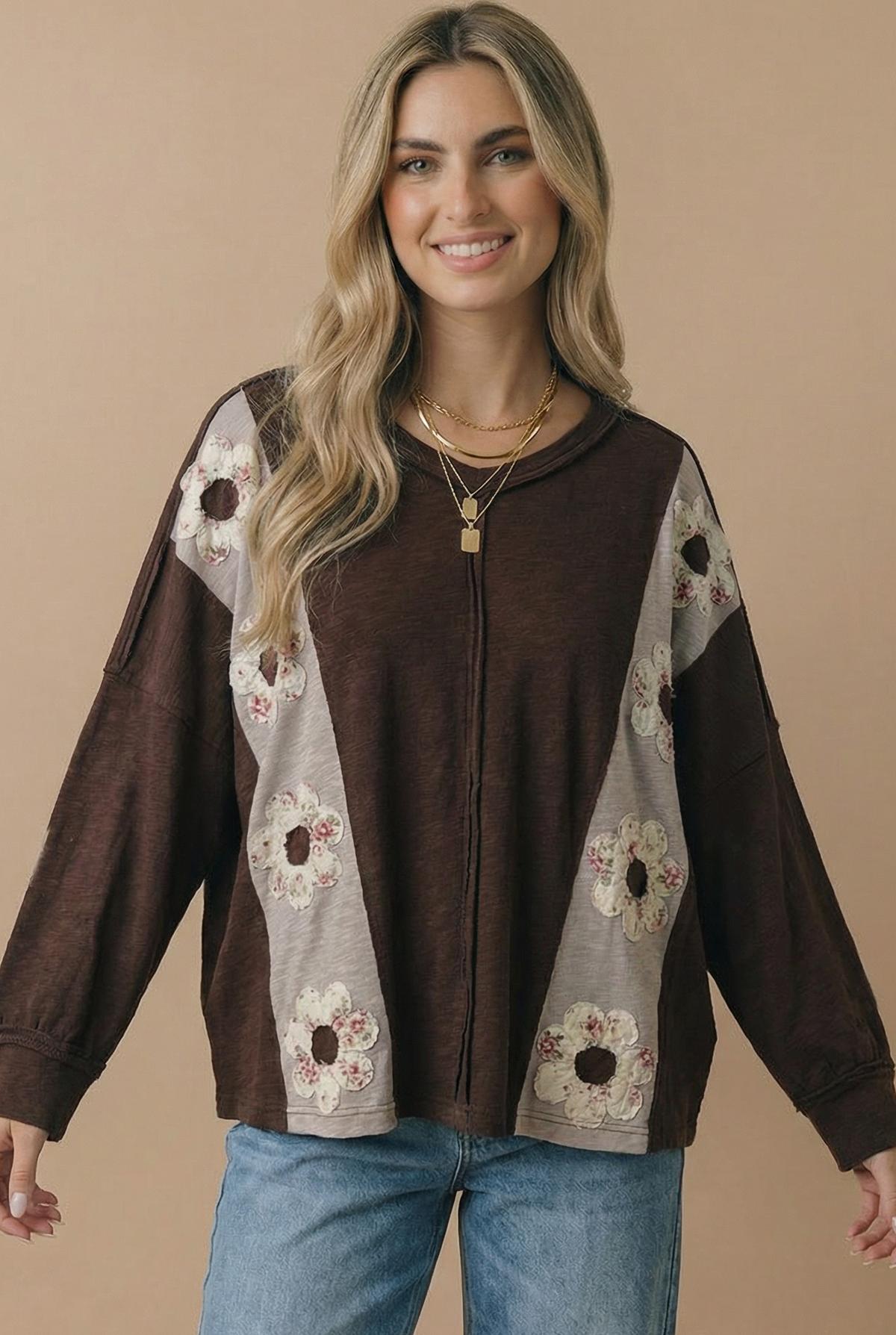 Haptics Darling Daisies Long Sleeve in Brown Tops
