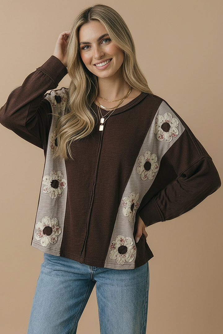 Haptics Darling Daisies Long Sleeve in Brown Tops