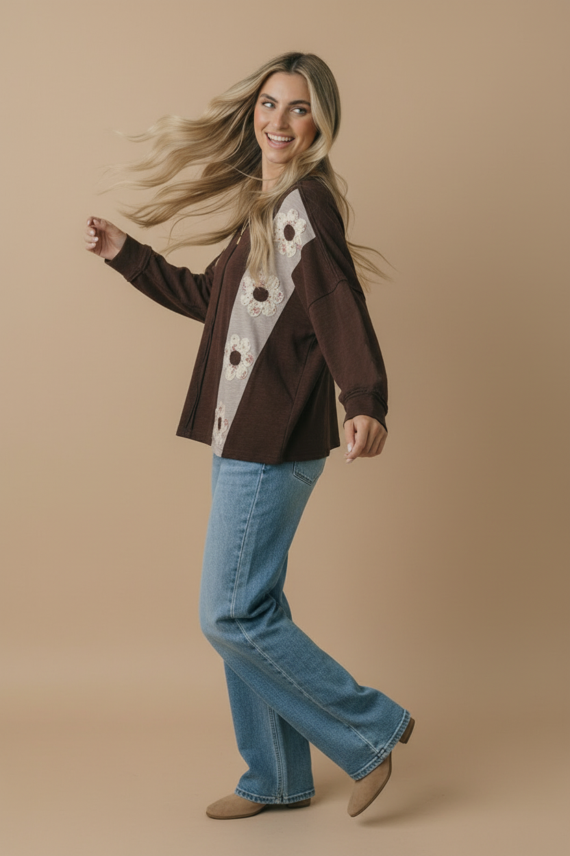 Haptics Darling Daisies Long Sleeve in Brown Tops