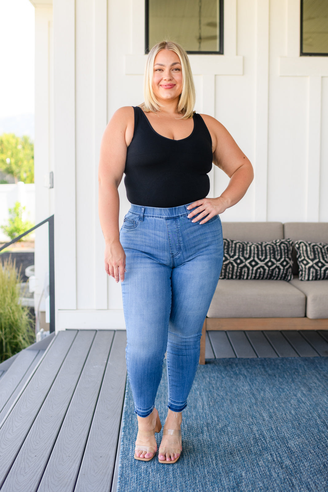 Judy Blue Amanda High Rise Pull on Release Hem Skinny Jeans Denim