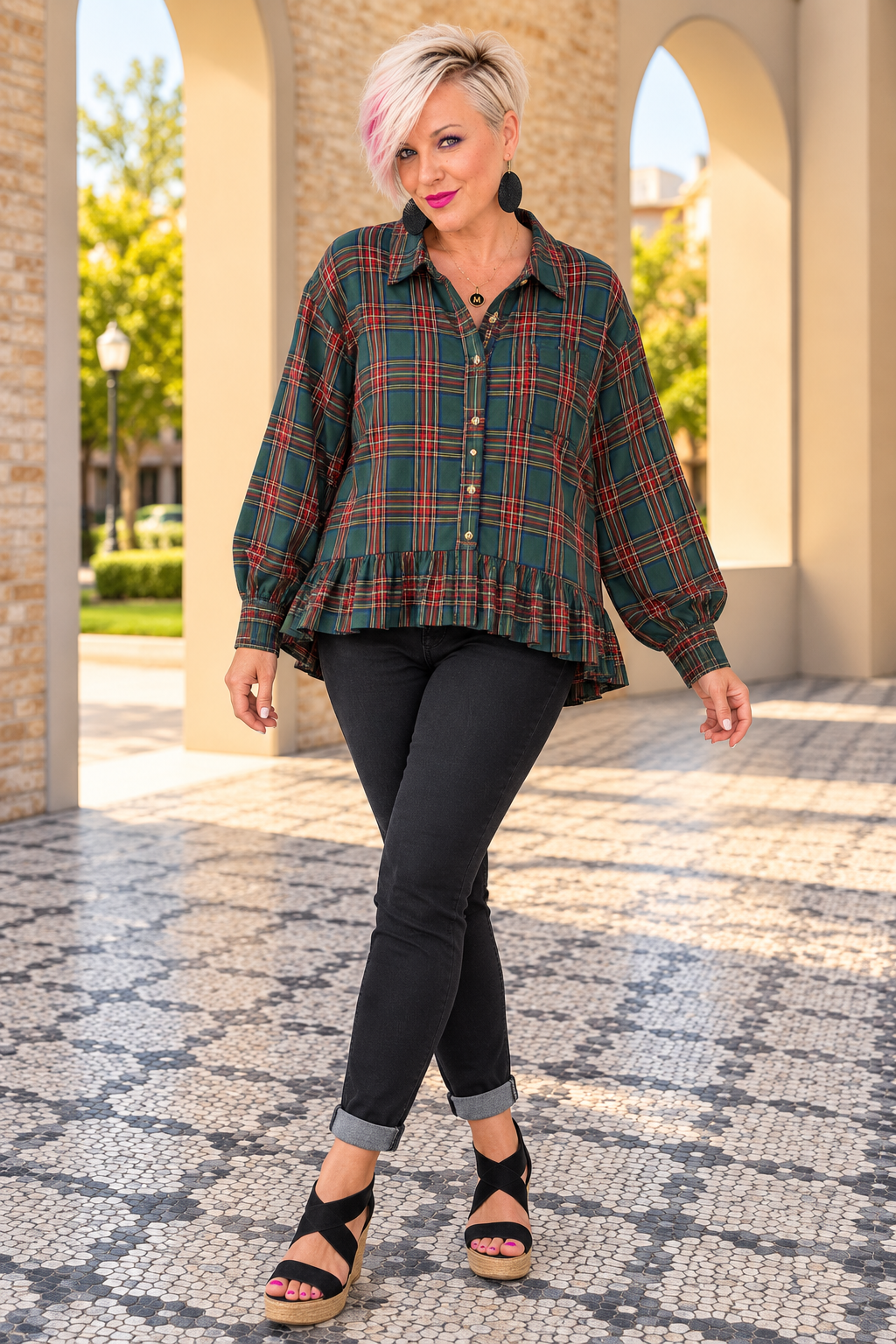 Haptics Ruffle the Rules Plaid Flannel Top in Green Tops