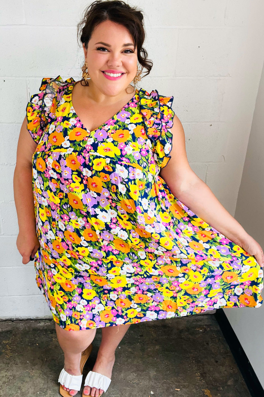 Haptics Indigo & Lemon Floral Babydoll Ruffle Dress Final Sale