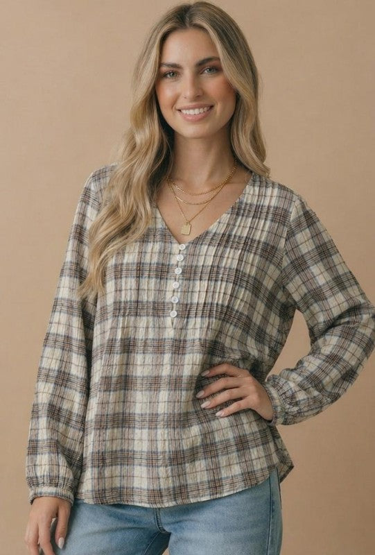 Haptics All in Check Pintuck Button Front Blouse in Oatmeal L Tops