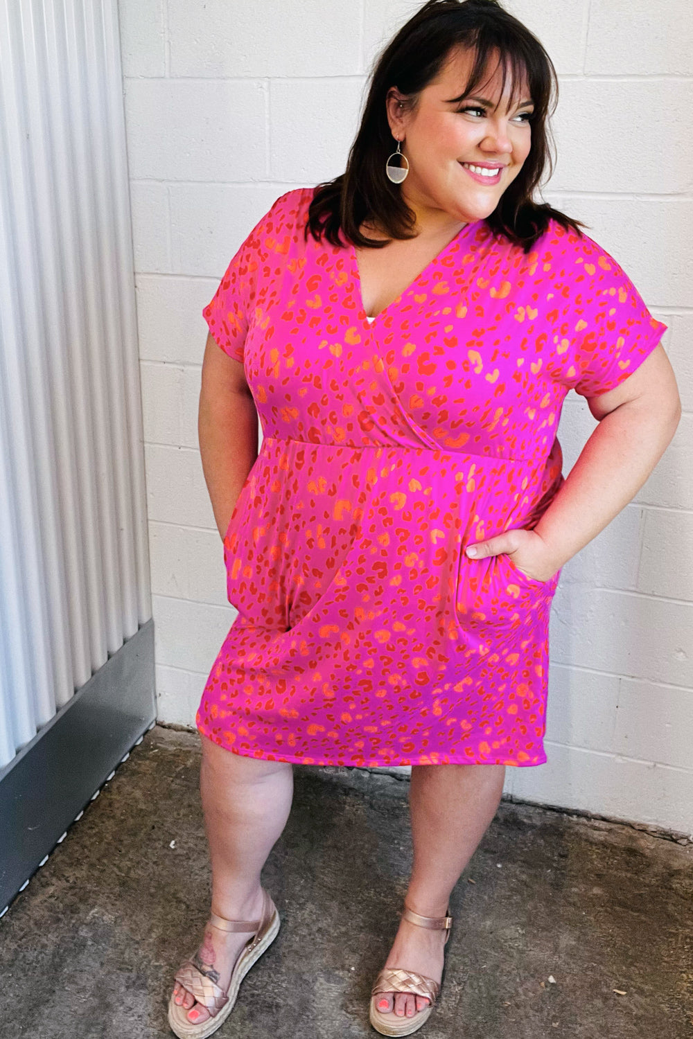 Haptics Rose Leopard Surplice V Neck Pocketed Dress