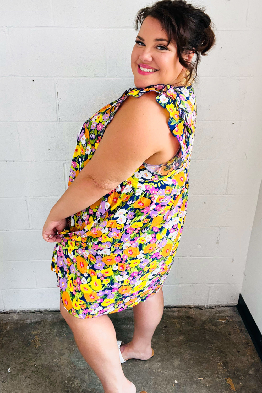 Haptics Indigo & Lemon Floral Babydoll Ruffle Dress Final Sale