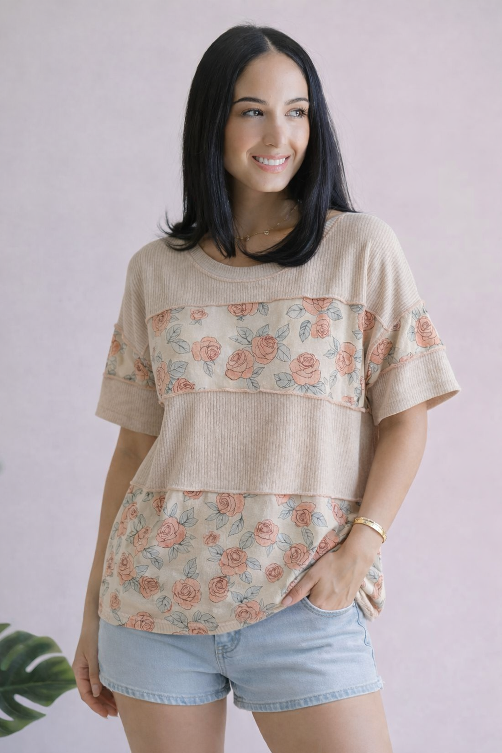 Haptics Floral Grove Comfort Wave Ribbed Top