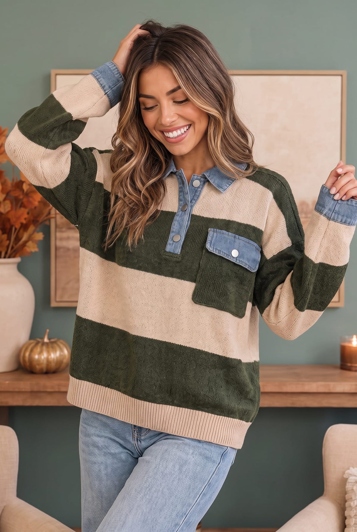 Haptics Olive Grove Striped Denim Collar Sweater Sweaters