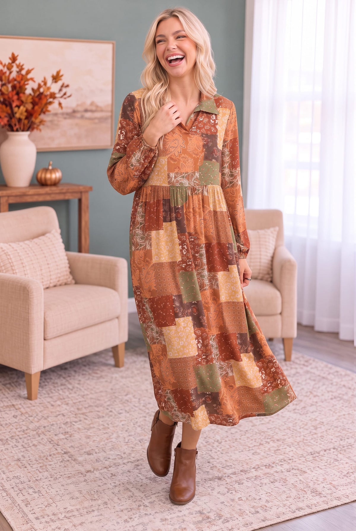 Haptics Patchwork Dreams Long Sleeve Midi Dress Dresses