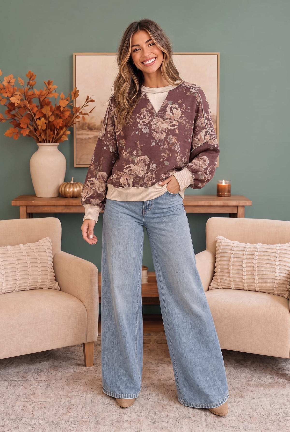 Haptics Antique Bouquet Sweatshirt in Mocha Sweatshirts