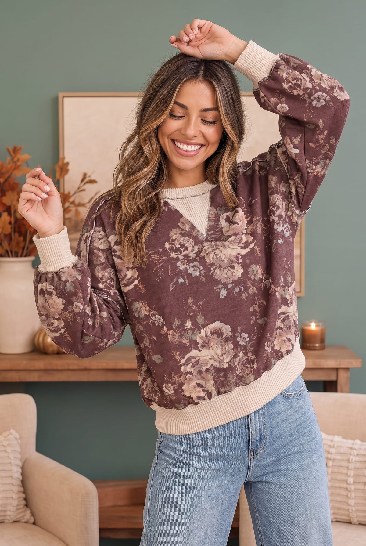 Haptics Antique Bouquet Sweatshirt in Mocha Sweatshirts