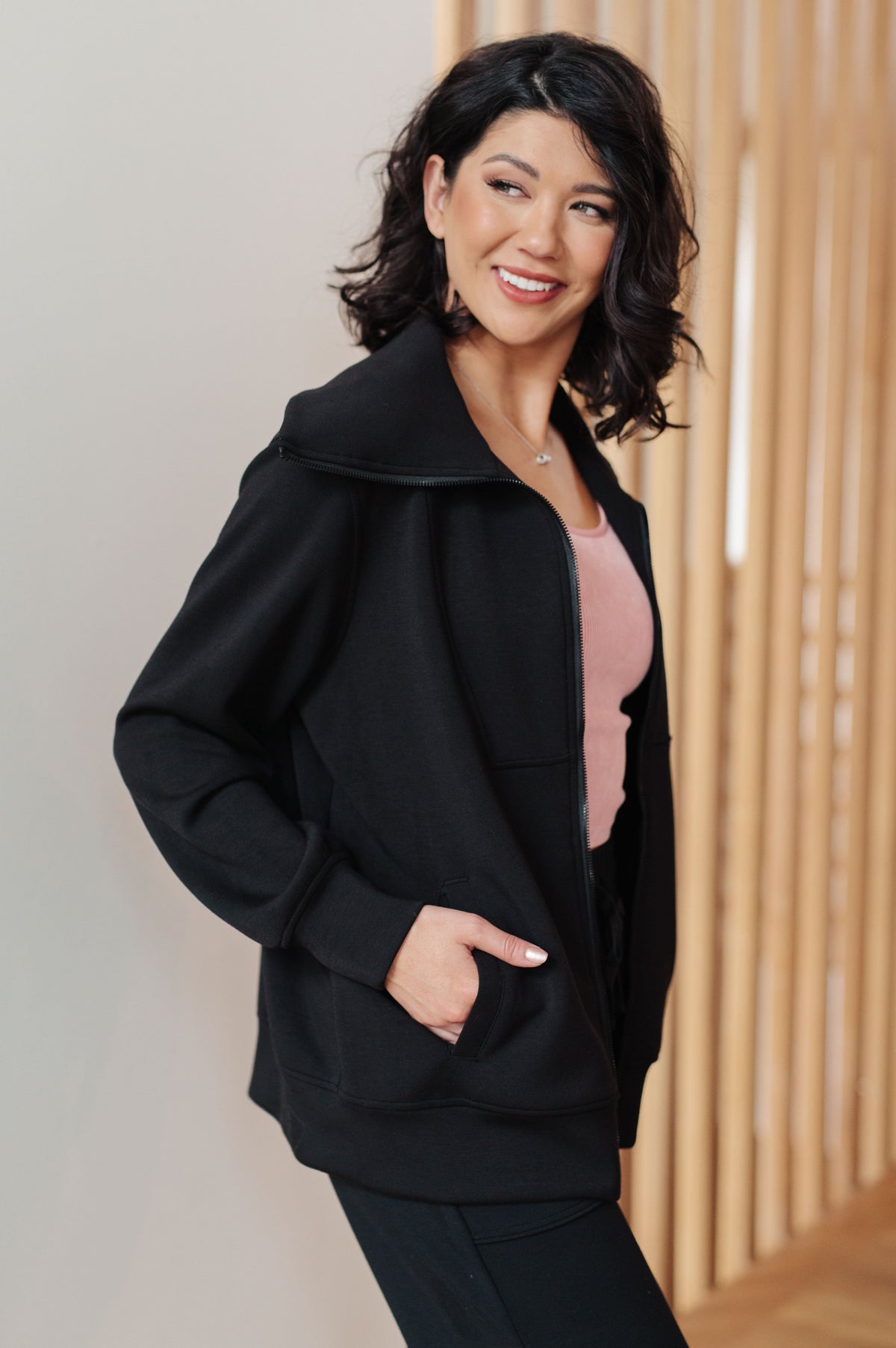 Rae Mode Handle That Micro Modal Scuba Knit High Neck Zip Up Black Jacket Layers