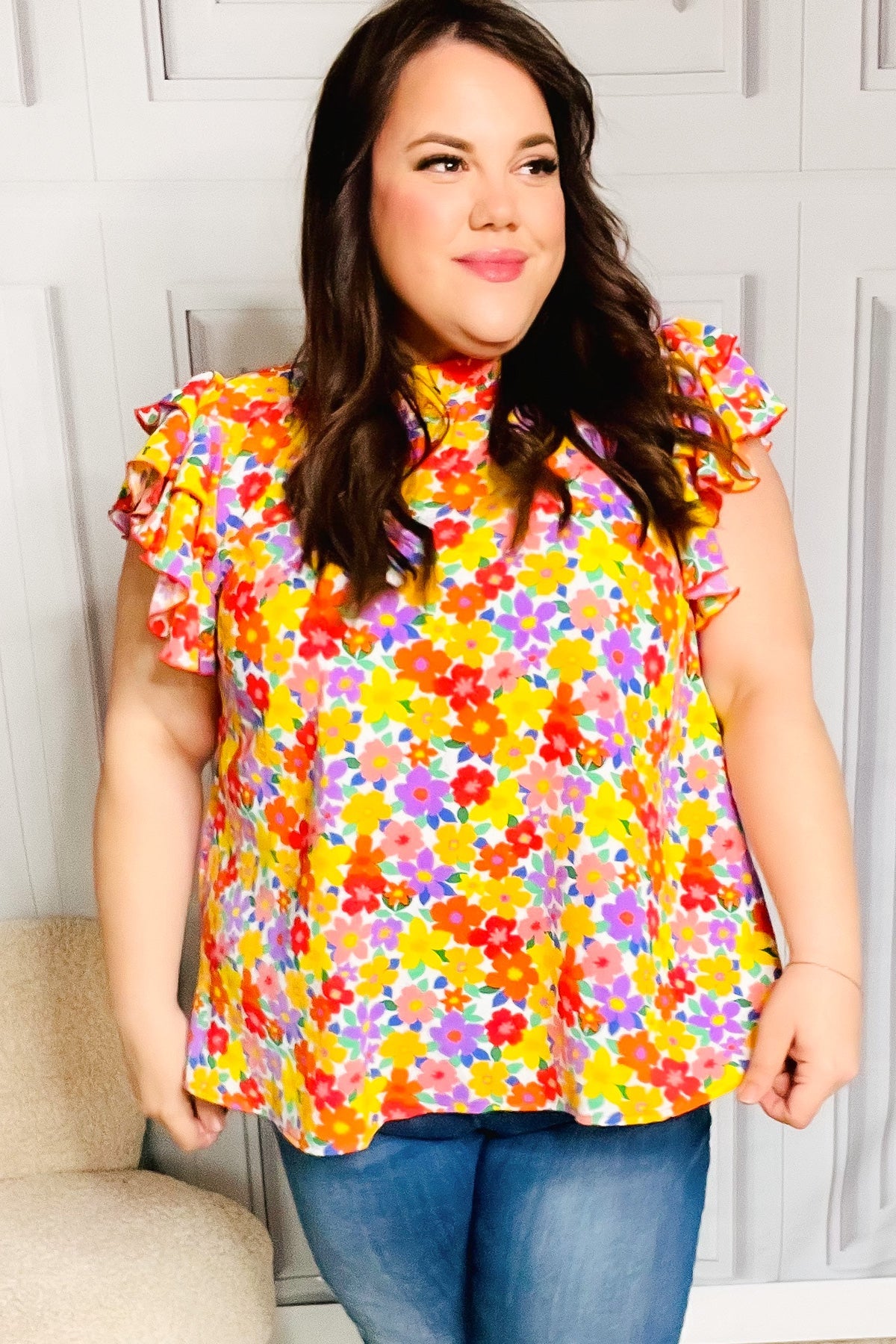 Haptics Flower Power Ivory & Red Floral Mock Neck Flutter Sleeve Top Final Sale
