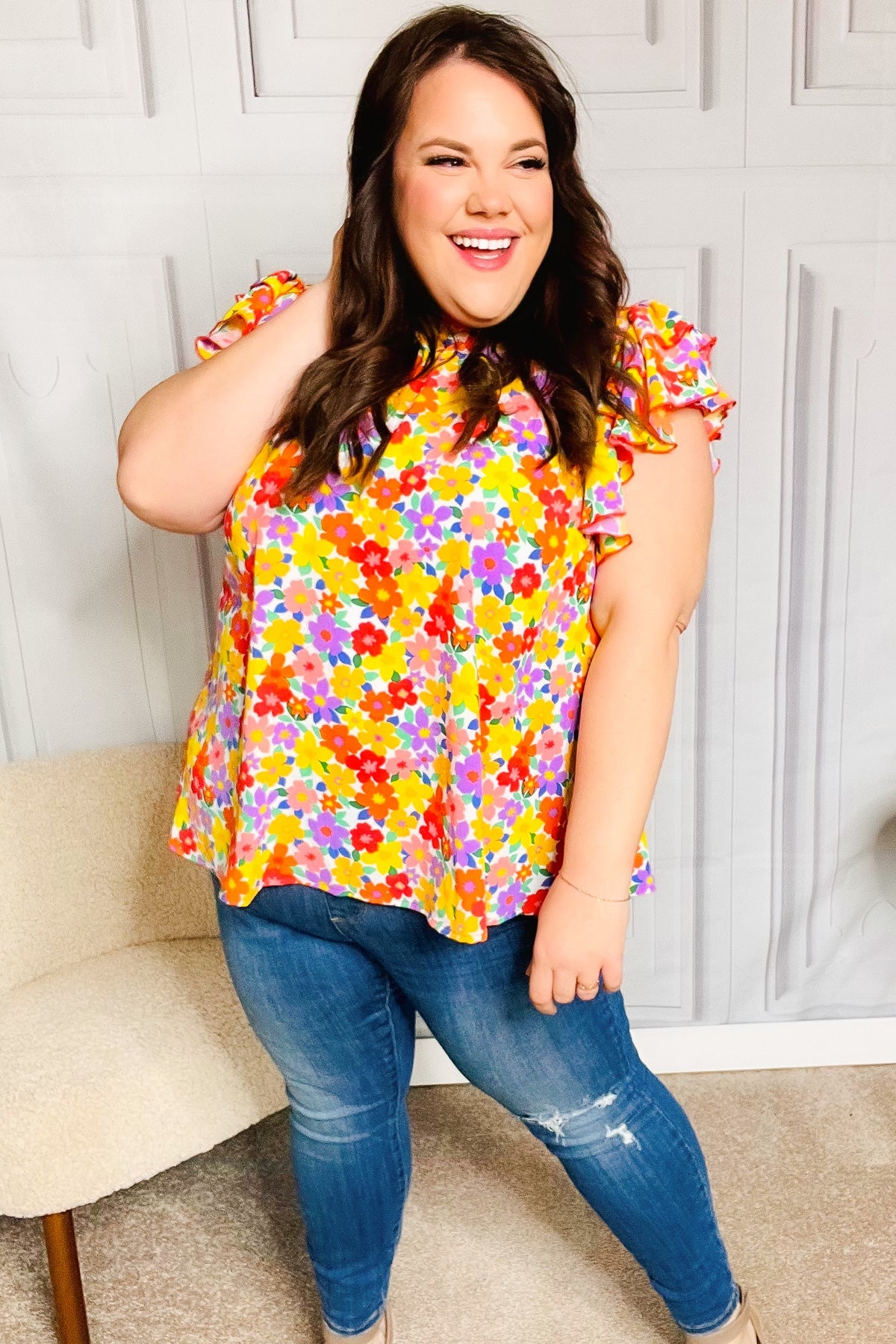Haptics Flower Power Ivory & Red Floral Mock Neck Flutter Sleeve Top Final Sale