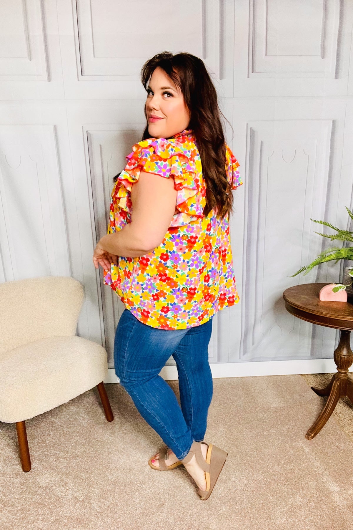 Haptics Flower Power Ivory & Red Floral Mock Neck Flutter Sleeve Top Final Sale