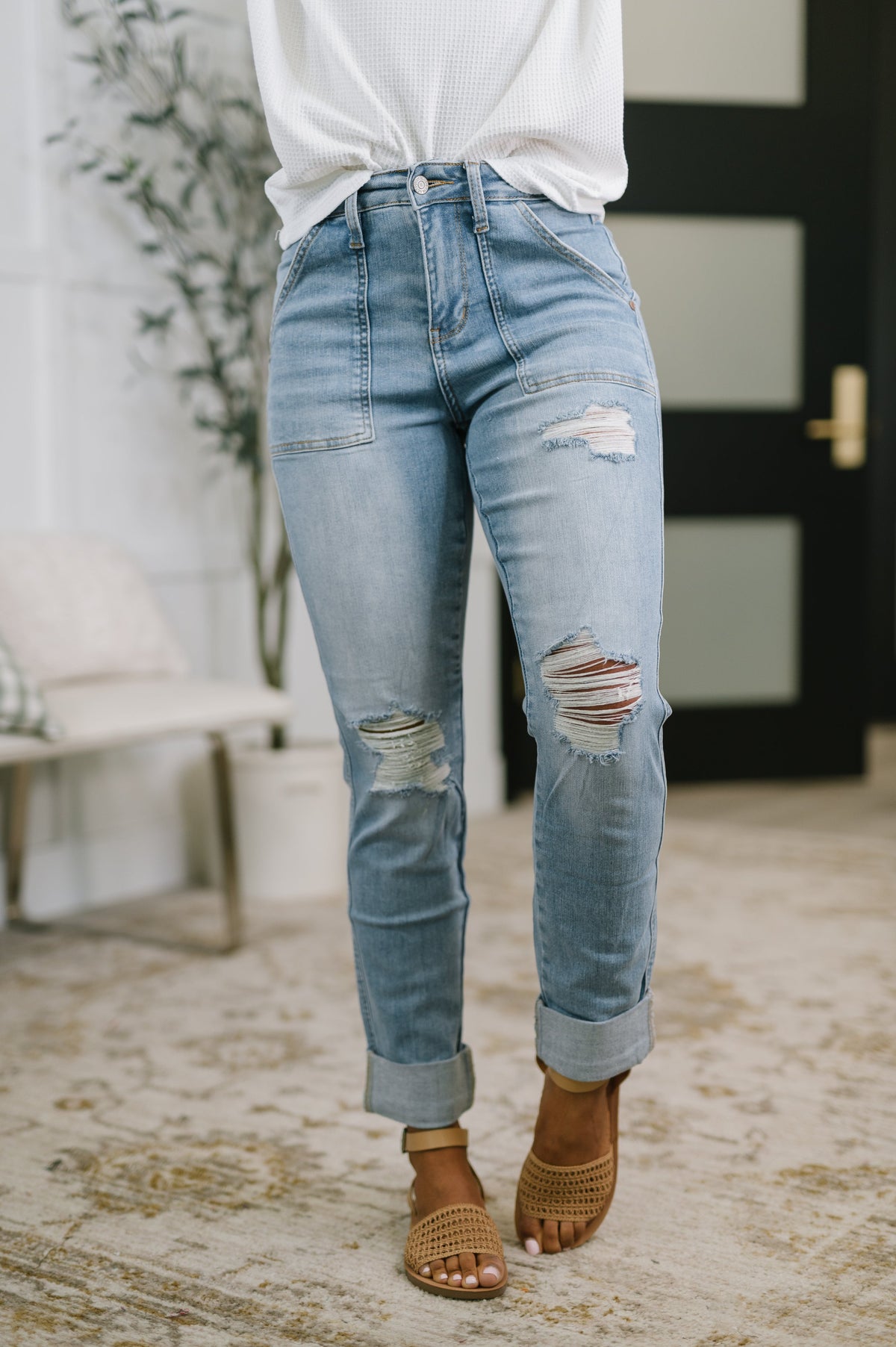 Judy Blue Aiden High Rise Patch Pocket Distressed Boyfriend Jeans Denim