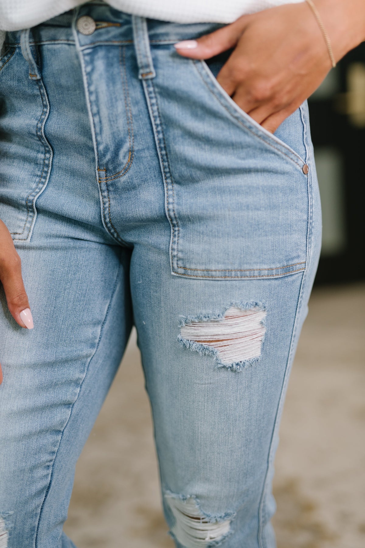 Judy Blue Aiden High Rise Patch Pocket Distressed Boyfriend Jeans Denim