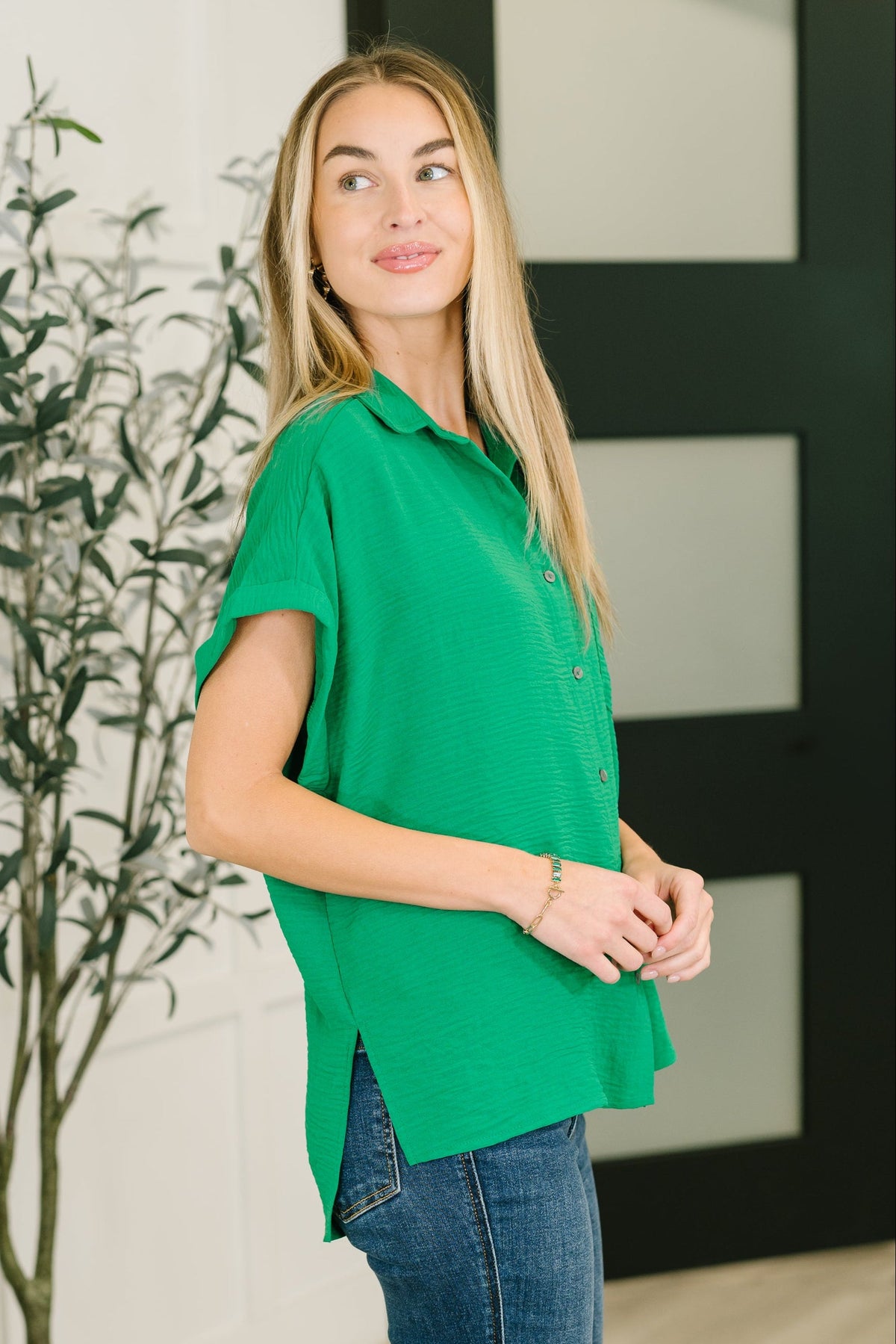Zenana Keep Up Collared Button Down in Green Womens