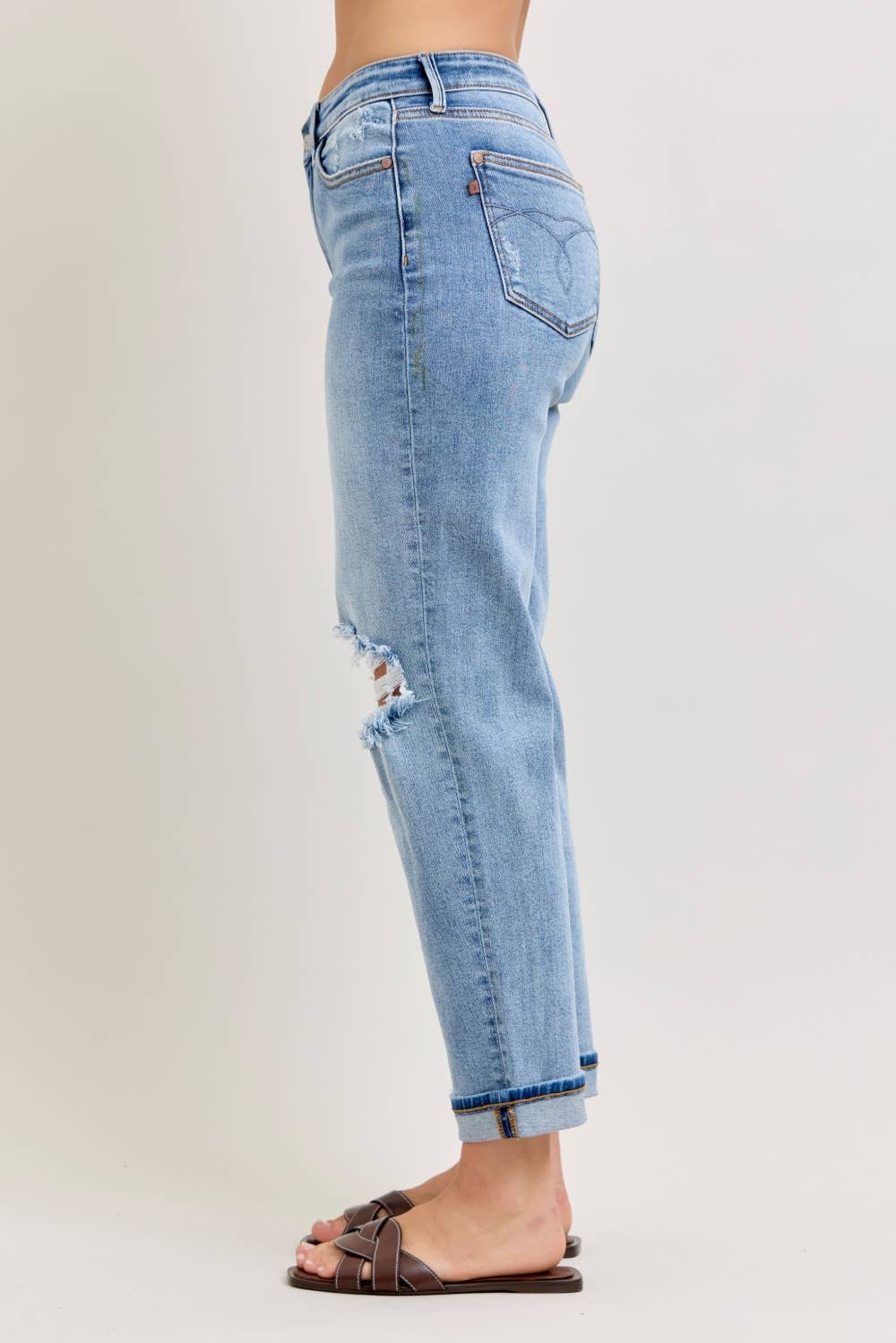Judy Blue Elaine Mid Rise Boyfriend with Distress & Cuff Womens