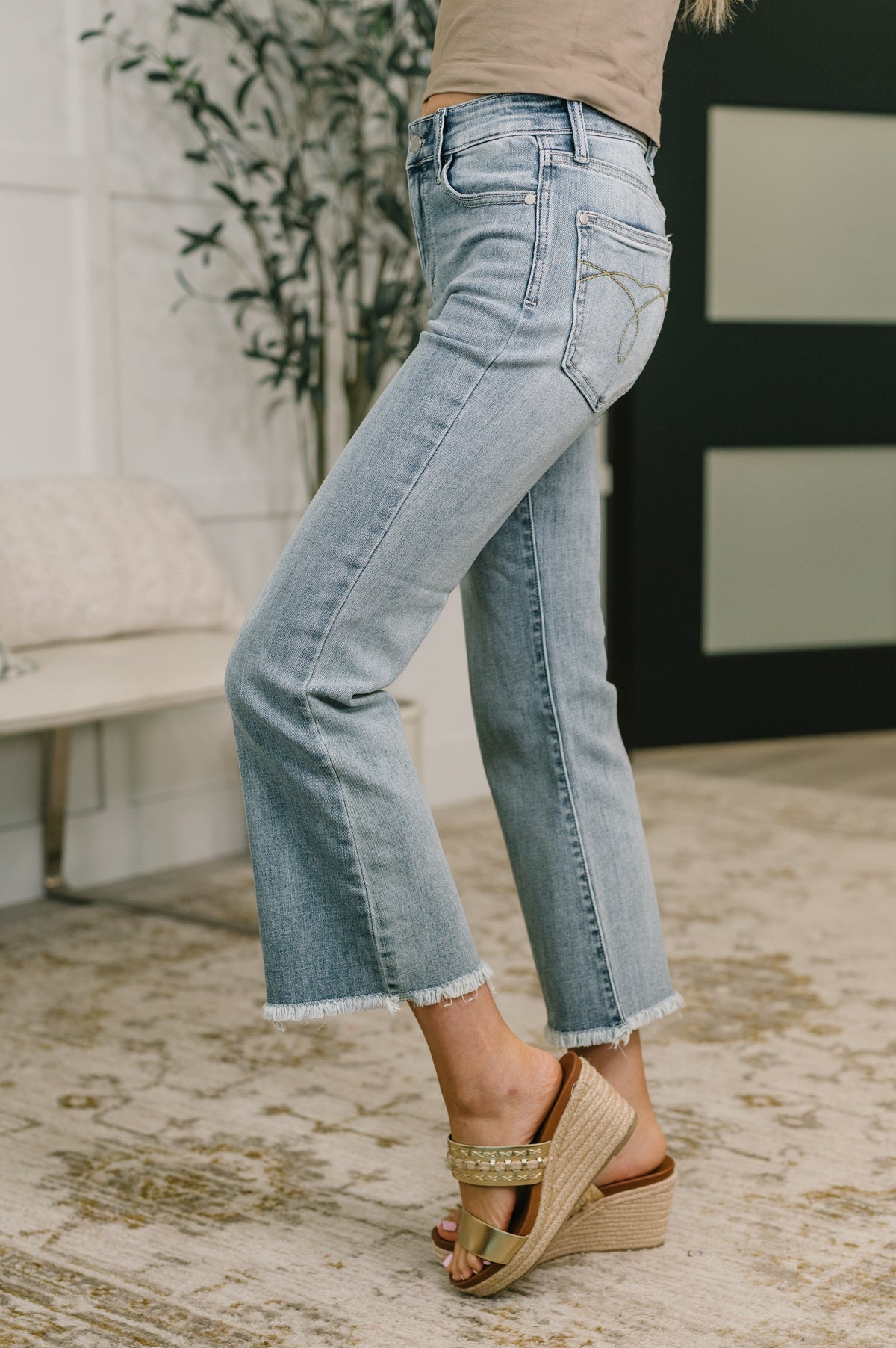 Mckaylee Mid Rise Kick Flare Jeans with Frayed Hem Womens