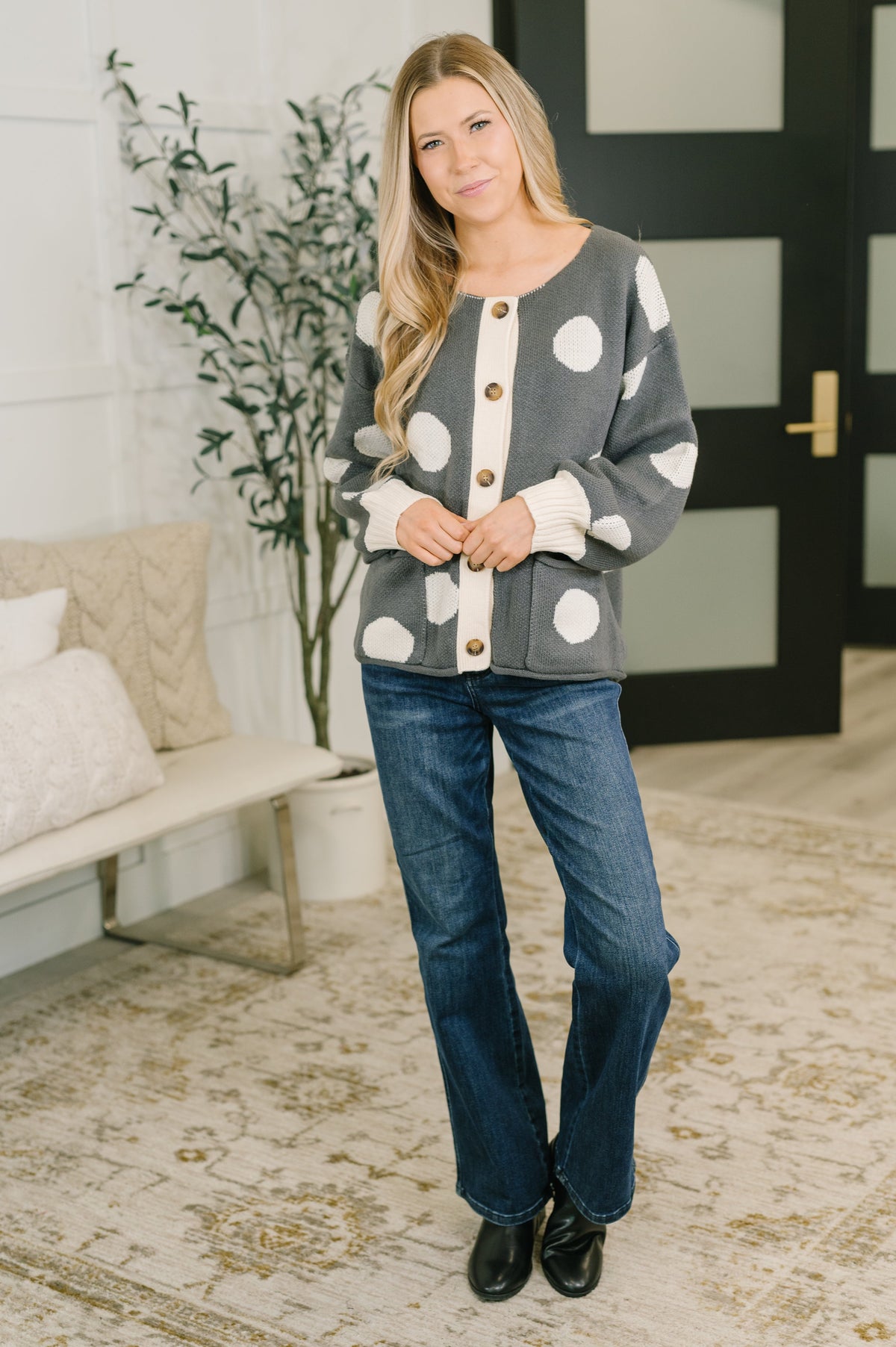 Haptics Polka Dot More Myself Button Down Jacquard Cardigan Womens