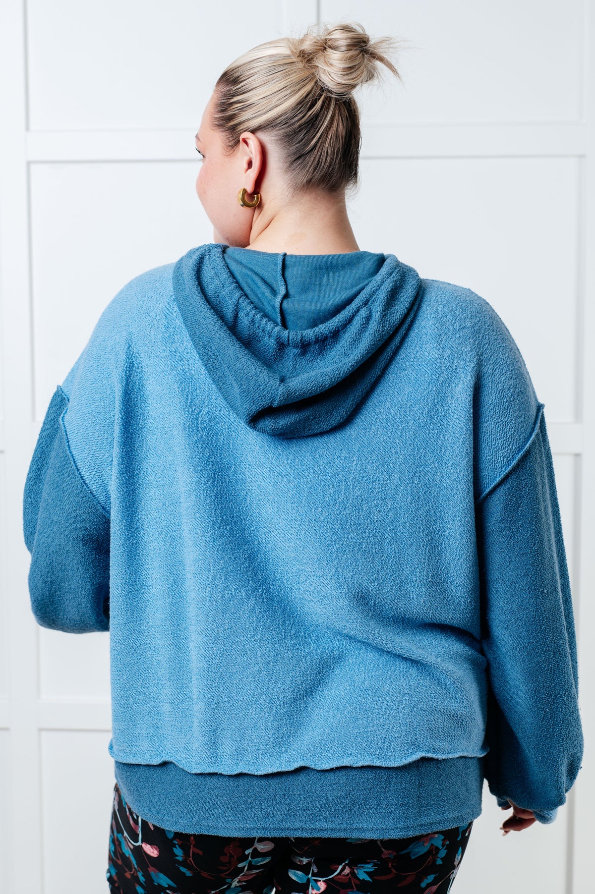BiBi French Terry Logic Blue Color Long Sleeve Block Hoodie Tops