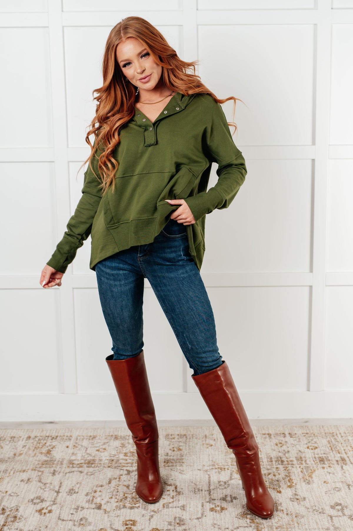 Haptics Simple Snug Snap Hooded Pullover Tops