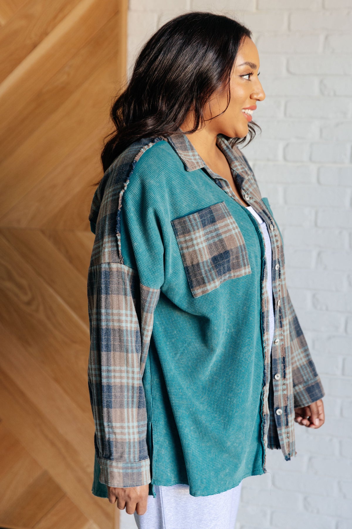 White Birch Tied for Time Thermal Waffle Knit Flannel Plaid Button Up Tops