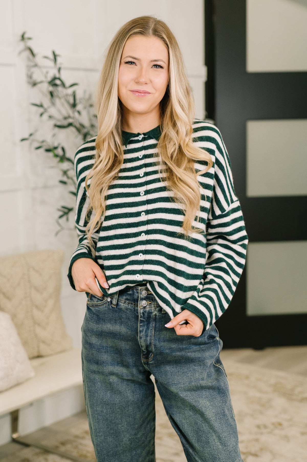 Zenana Won't Be Long Collared Sweater Button Down in Hunter Green Womens