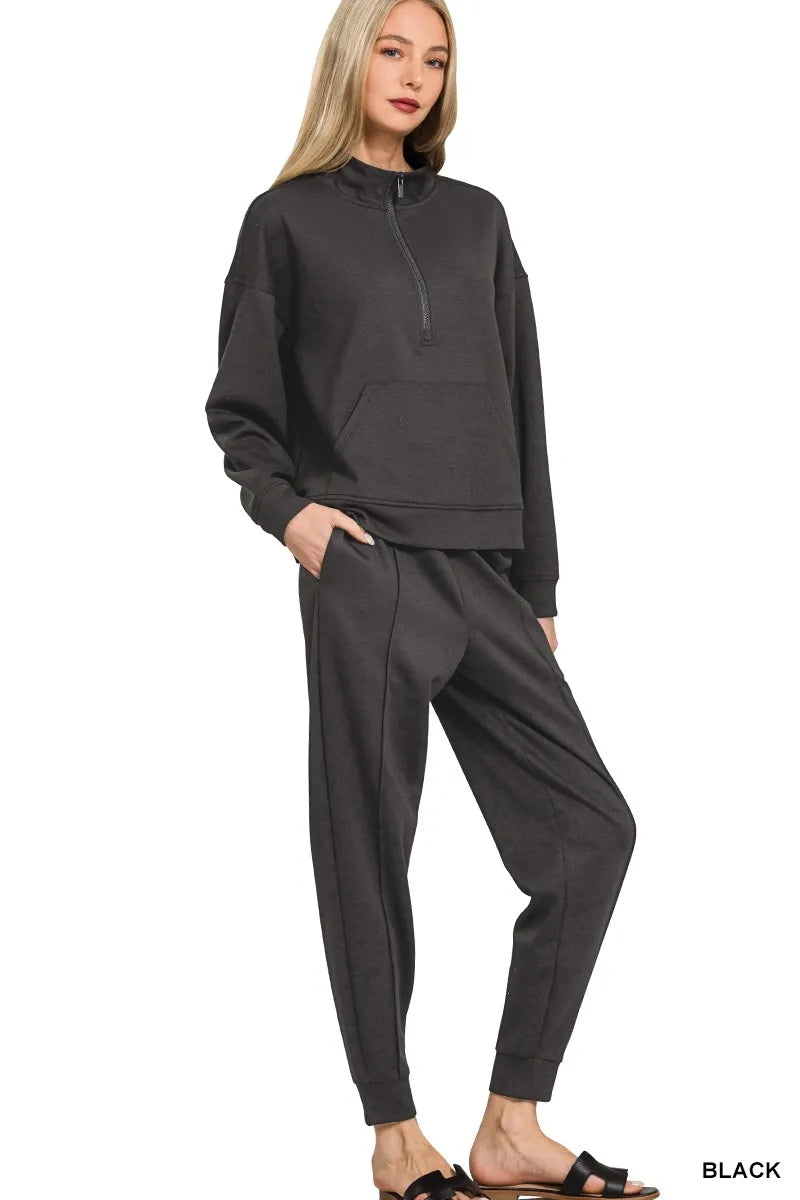 Zenana Black Scuba Half Zip Sweatshirt and Joggers Set