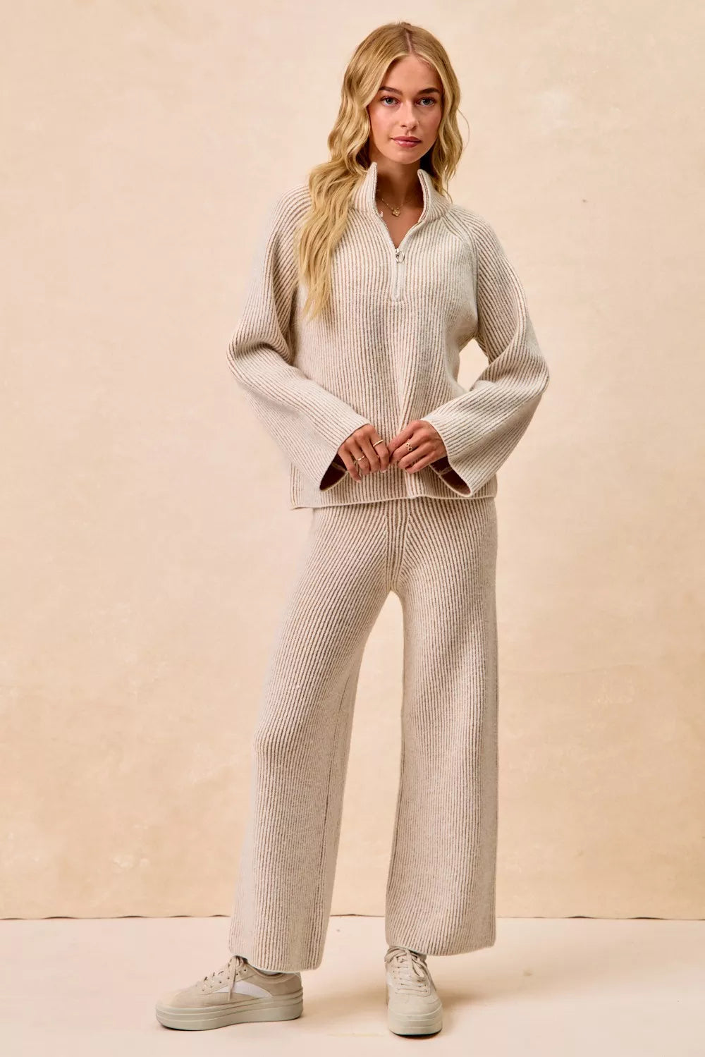 BiBi Taupe Two Tone Rib Texured Knit Collared Top with Zip Up
