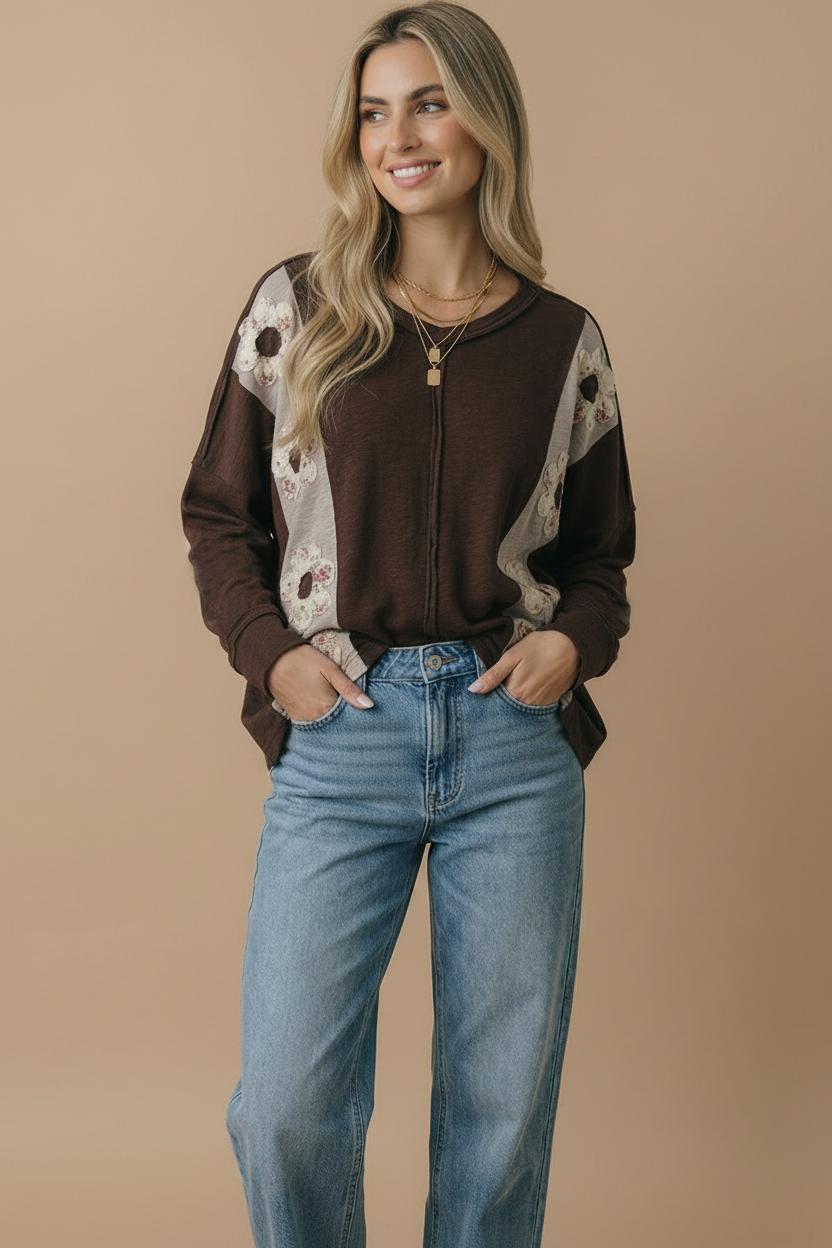 Haptics Darling Daisies Long Sleeve in Brown Tops