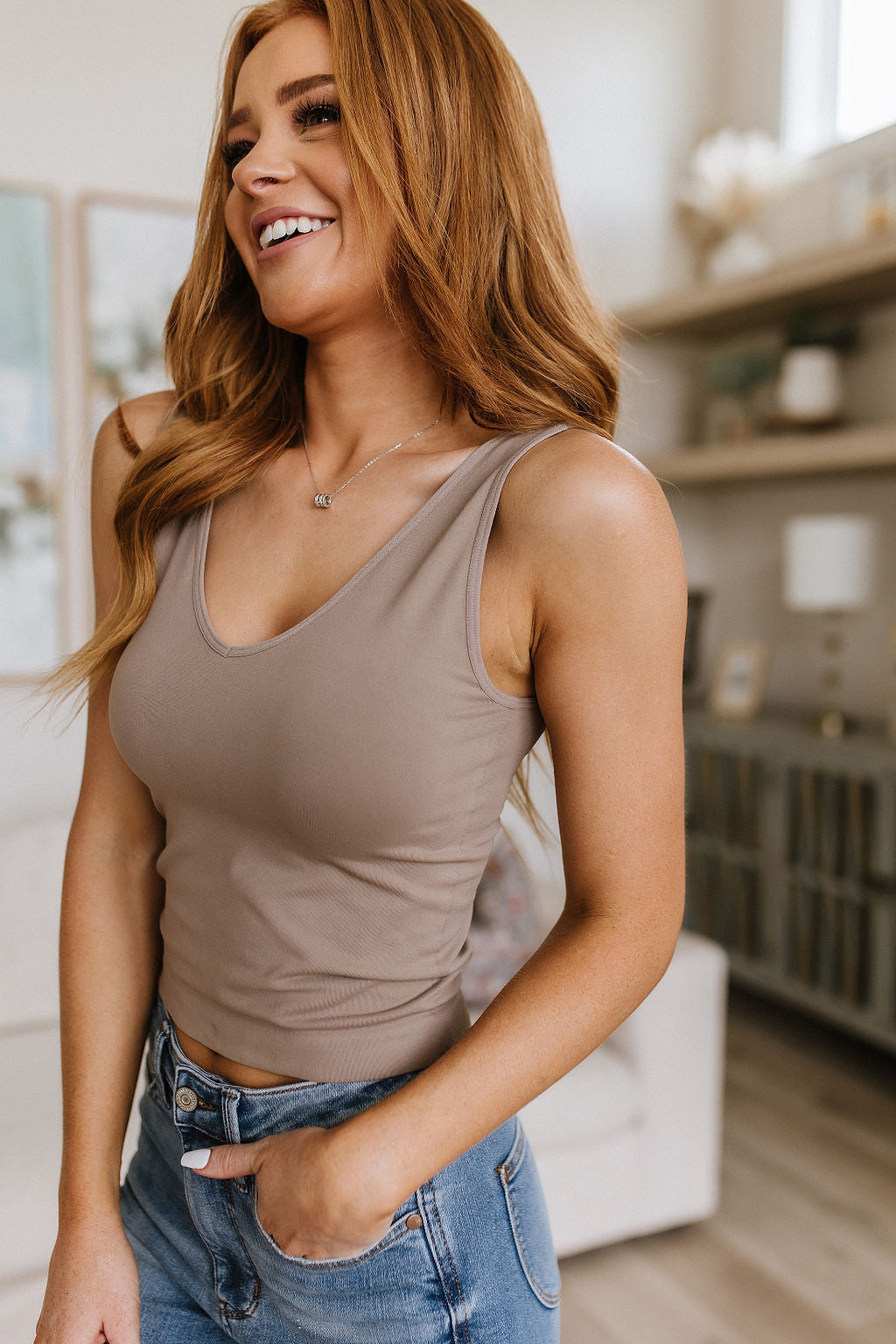 Yelete Carefree Seamless Reversible Tank in Light Mocha Womens