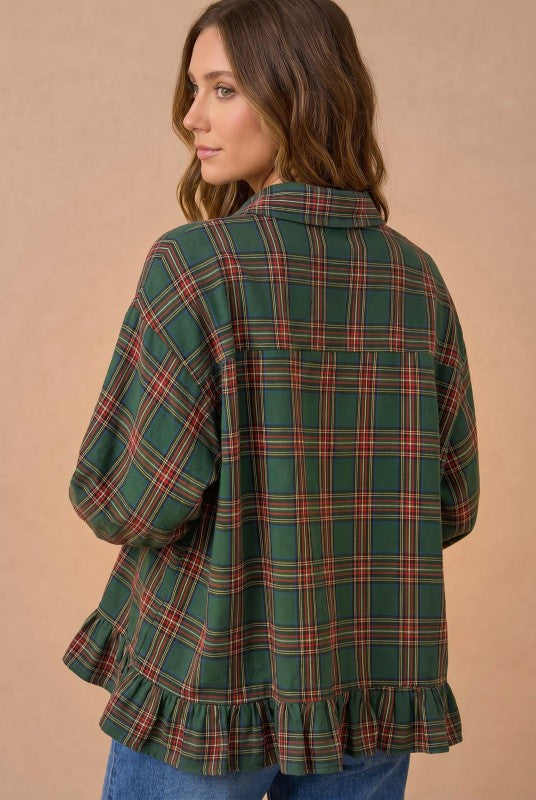 Haptics Ruffle the Rules Plaid Flannel Top in Green Tops