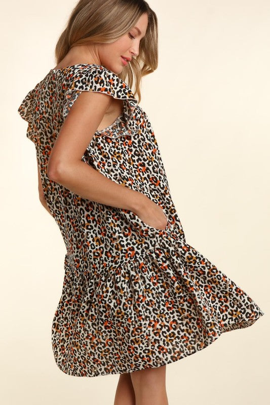 Haptics Taupe Leopard Print Tiered Ruffle Sleeve Woven Dress Dresses