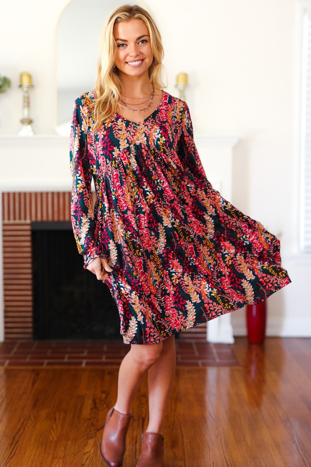 HAPTICS BABYDOLL FLORAL KNEE LENGTH DRESS WITH POCKETS IN HUNTER GREEN BERRY Dresses