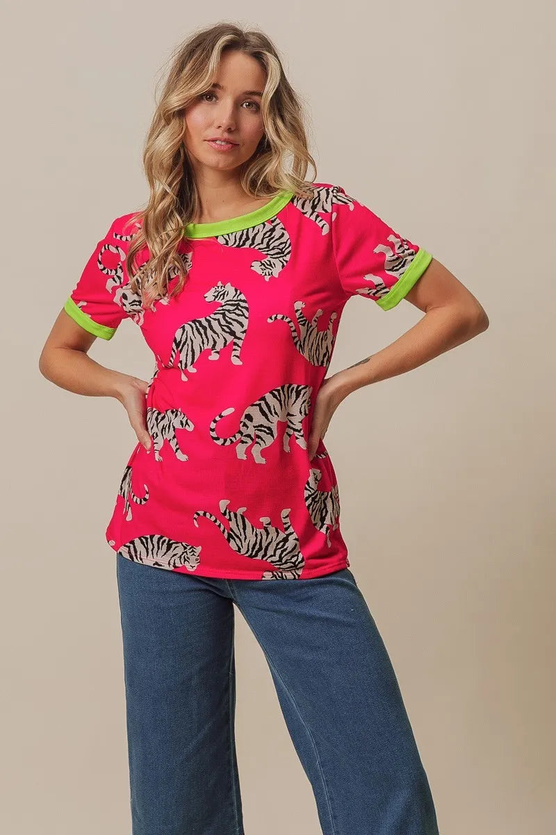 BiBi Fuchsia Big Tiger Print Jersey Contrast Ringer Top