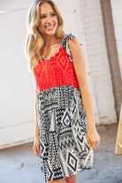 Haptics Red/Black Aztec Shoulder Tie Knot Tiered Dress Final Sale