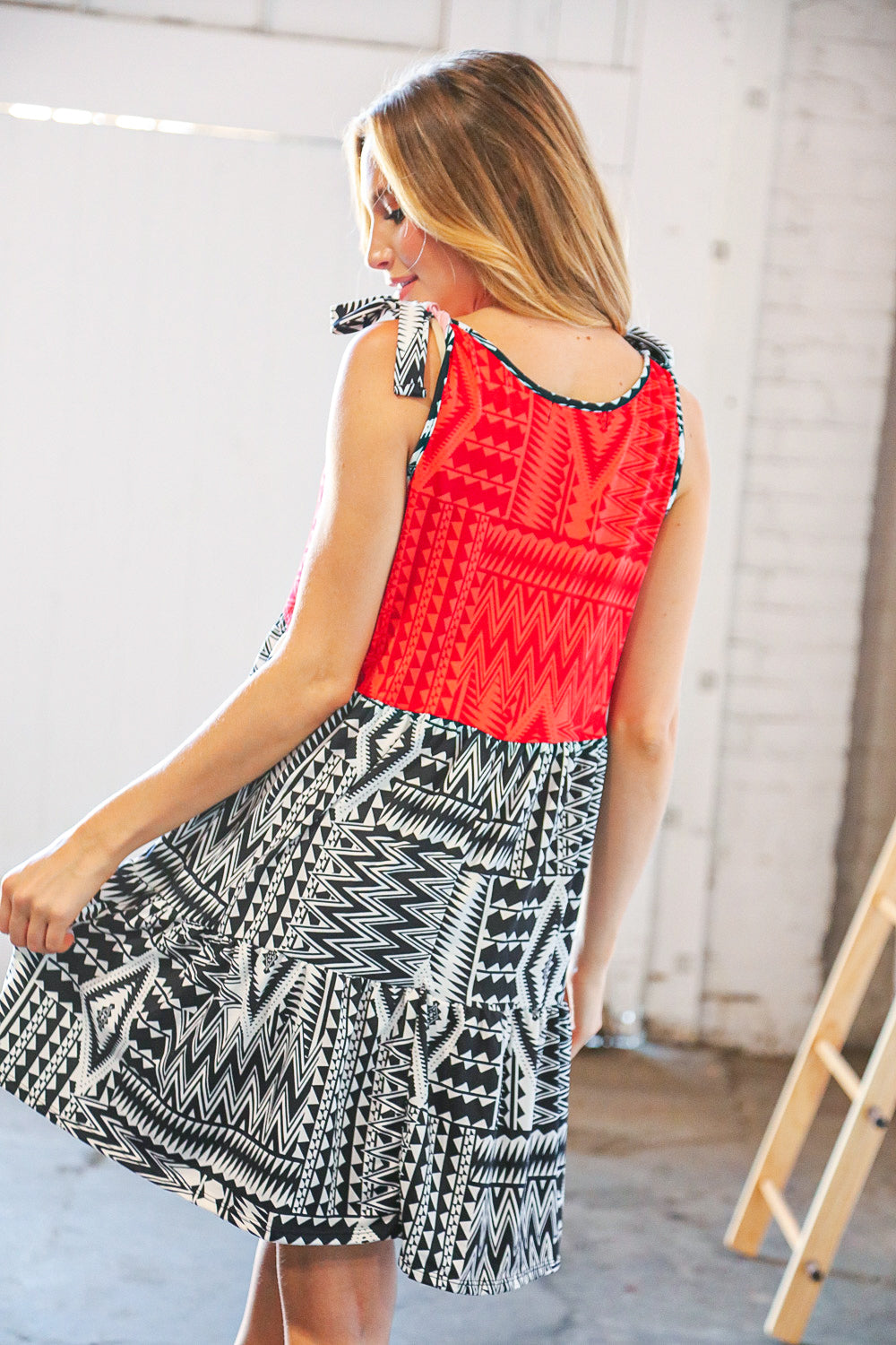 Haptics Red/Black Aztec Shoulder Tie Knot Tiered Dress Final Sale