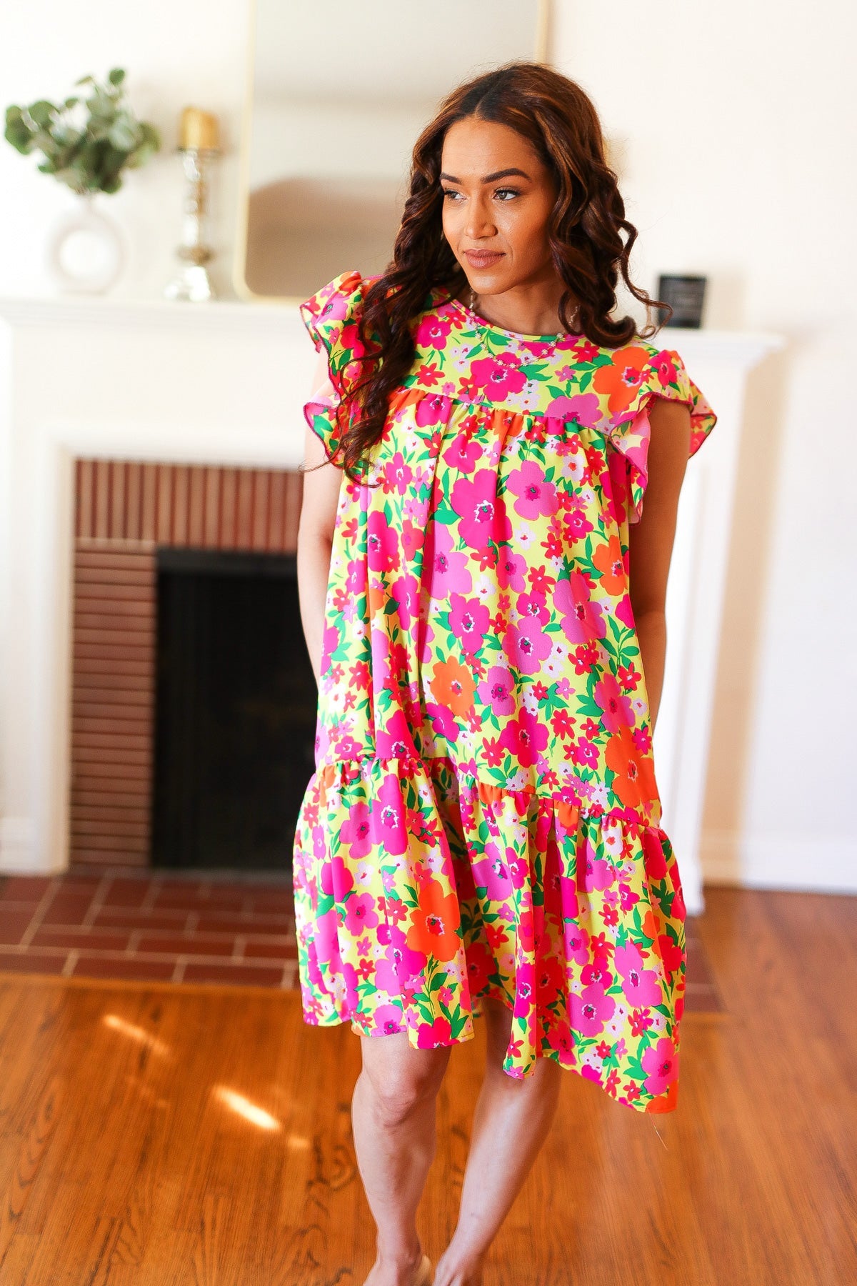 Haptics Be Charming Lime & Pink Floral Print Tiered Ruffle Sleeve Dress Dresses