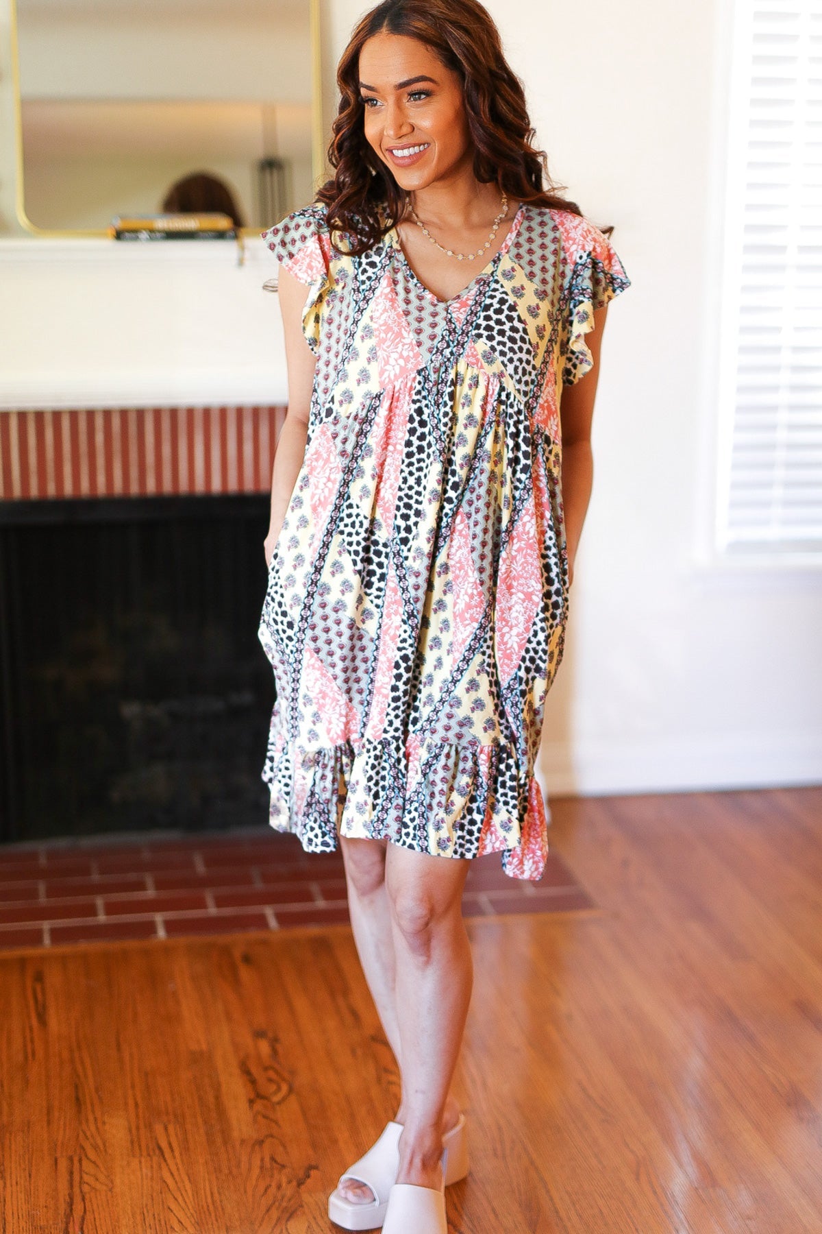 Haptics Casual Living Yellow & Coral Patchwork Babydoll Flutter Sleeve Dress