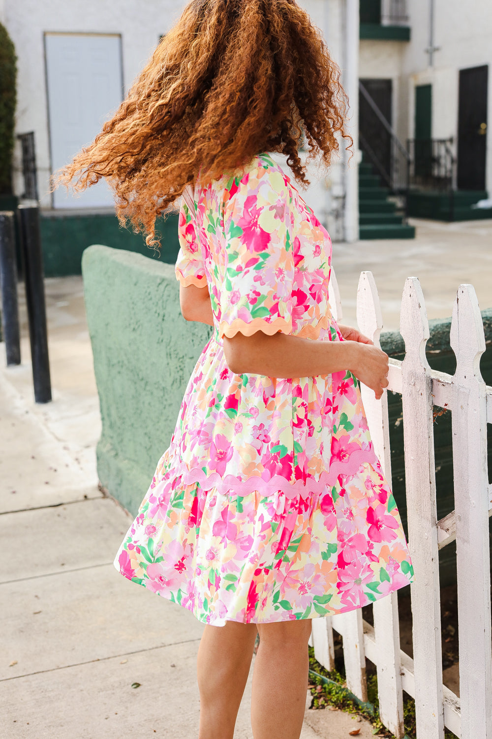 Haptics Rose Floral Print Ric Rack Trim Babydoll Dress